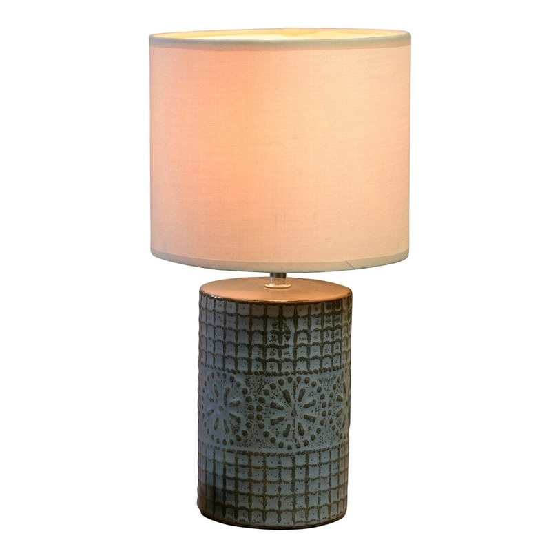 Ceramic Round Table Lamp with Embossed Details, Small, Gray and White