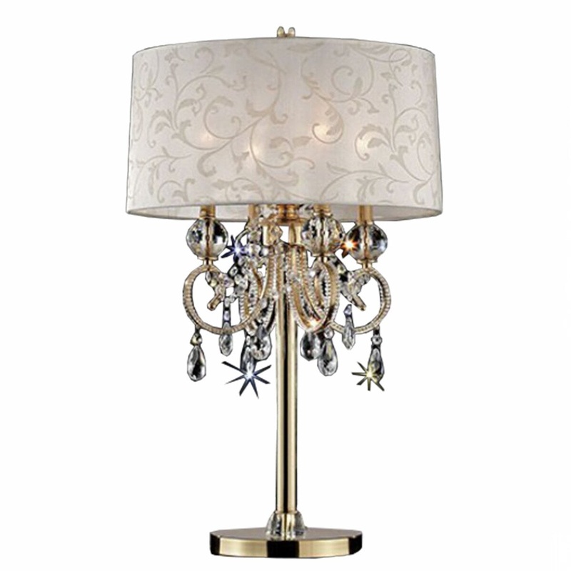 Chandelier Table Lamp with Hanging Crystals and Floral Pattern Shade, Gold