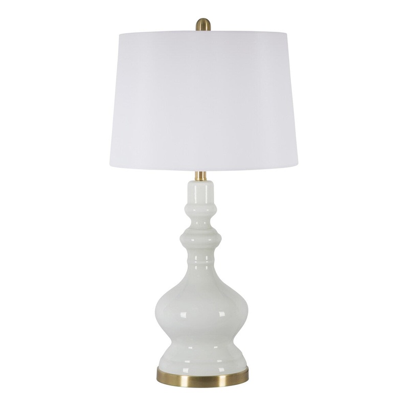Conical Drum Shade Table Lamp with Turned Pedestal Design Glass Base, White