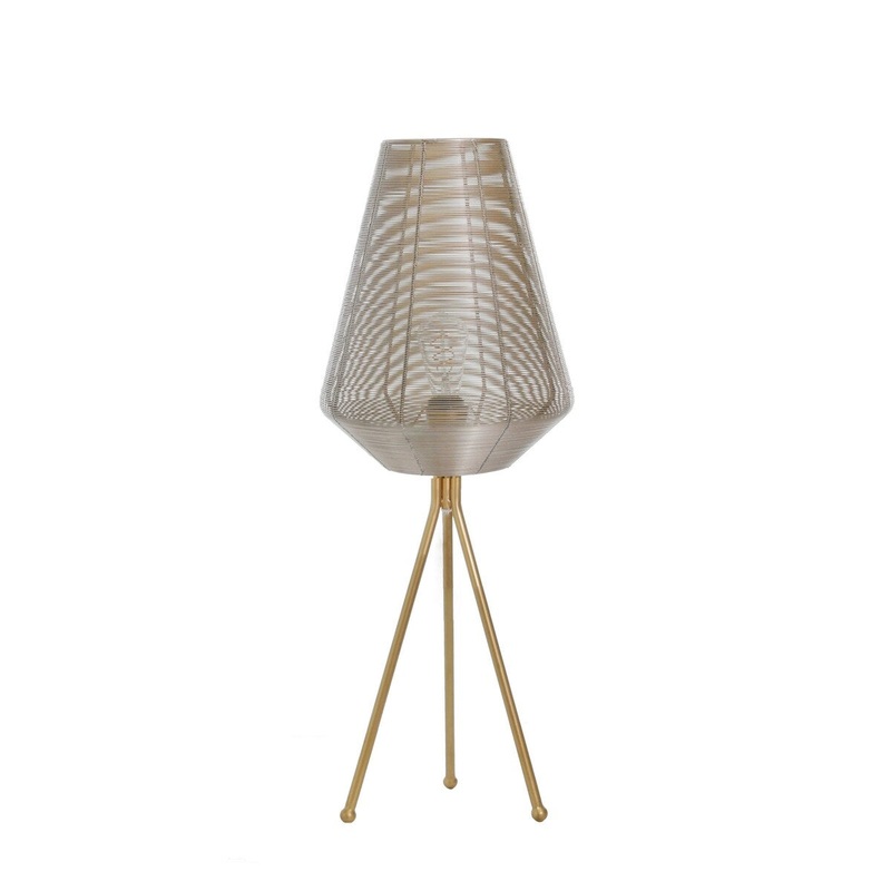 Table Lamp with Cage Design Shade and Tripod Legs, Gold and Taupe Brown