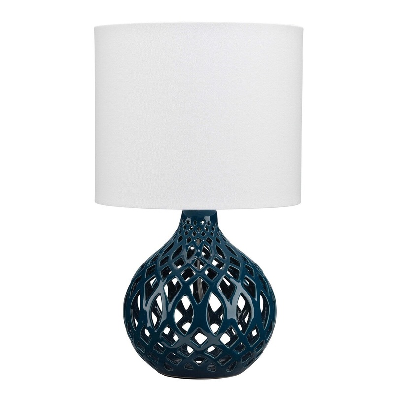 Table Lamp with Ceramic Bellied Body and Fretwork Pattern, Blue