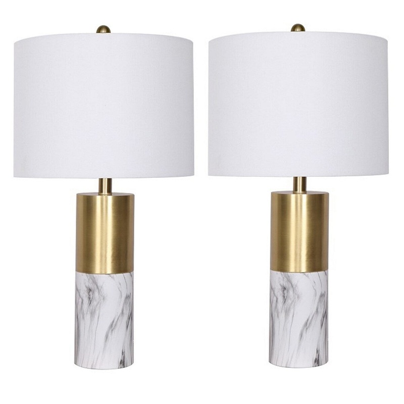 Tuyi 25 Inch Table Lamp, Set of 2, Fabric Shade, Dual Tone, Gold and White