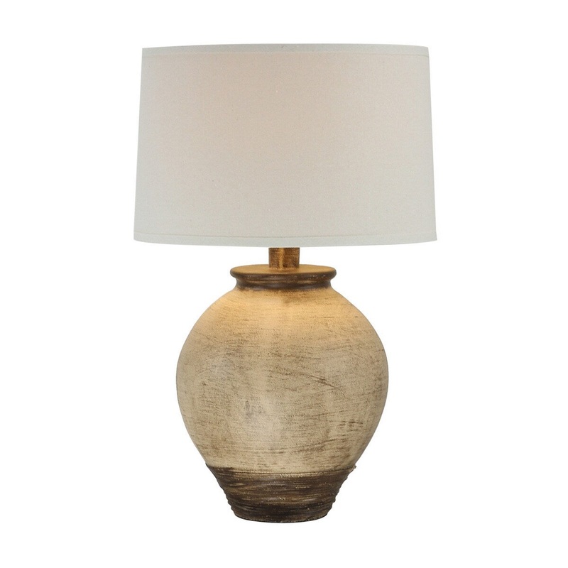 Amy 25 Inch Table Lamp, Jar Shape Body, White Cone Shade, Distressed Brown