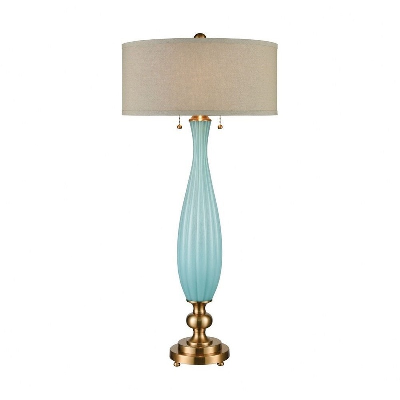 Cafe Bronze Aqua Glass 2 Light Buffet Table Lamp Made Of Art Glass And Metal With A Beige Linen - Cafe Bronze Aqua Glass
