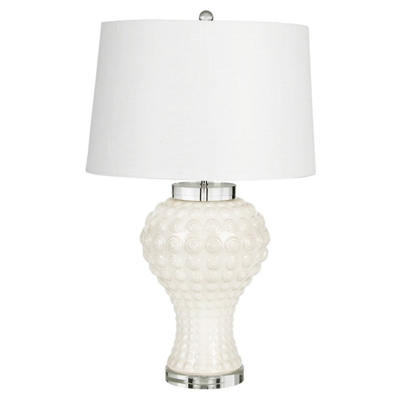 Swirls Textured Urn Shape Ceramic Table Lamp with Round Shade, White