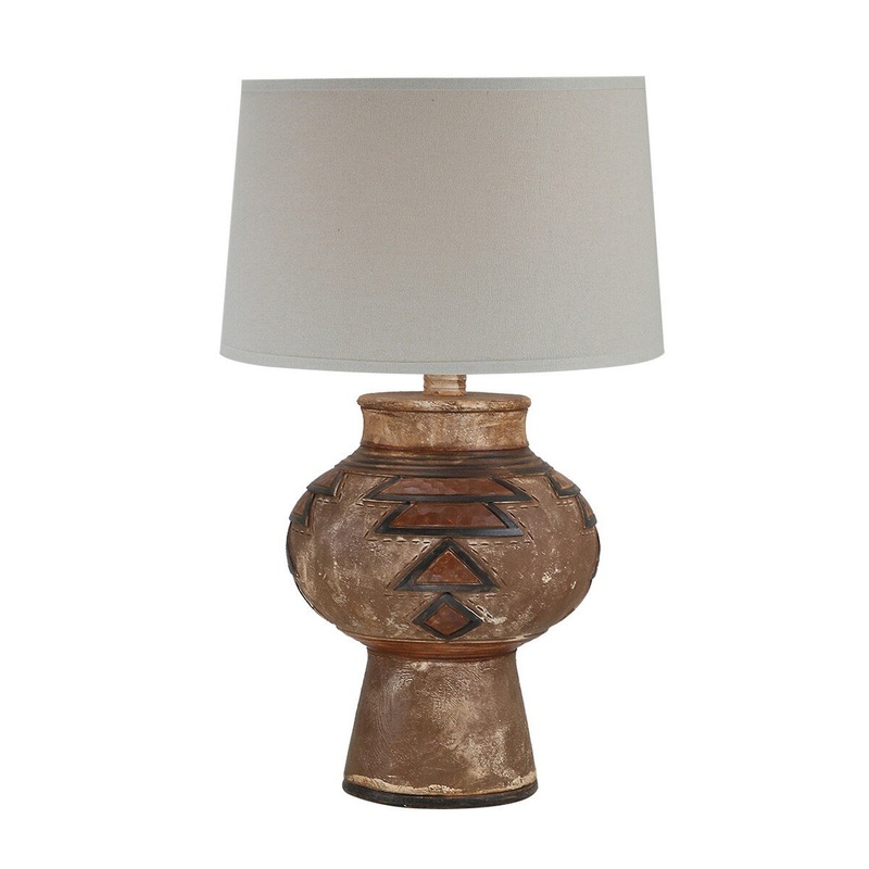 Teri 28 Inch Hydrocal Table Lamp, Drum Shade, Dark Brown Geometric Taper