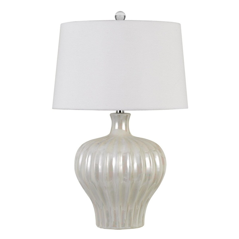Urn Shaped Ceramic Base Table Lamp with Ribbed Pattern, White