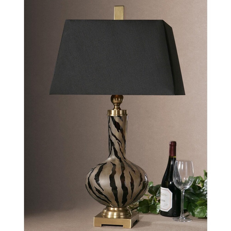 Uttermost Amur Brushed Brass and Smoked Etched Glass Table Lamp