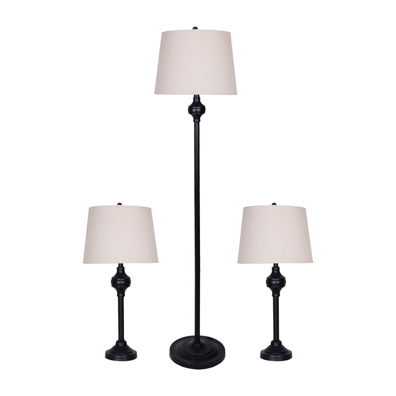 61 Inch Metal Modern Table and Floor Genie Lamps, Set of 3, Carved, Black