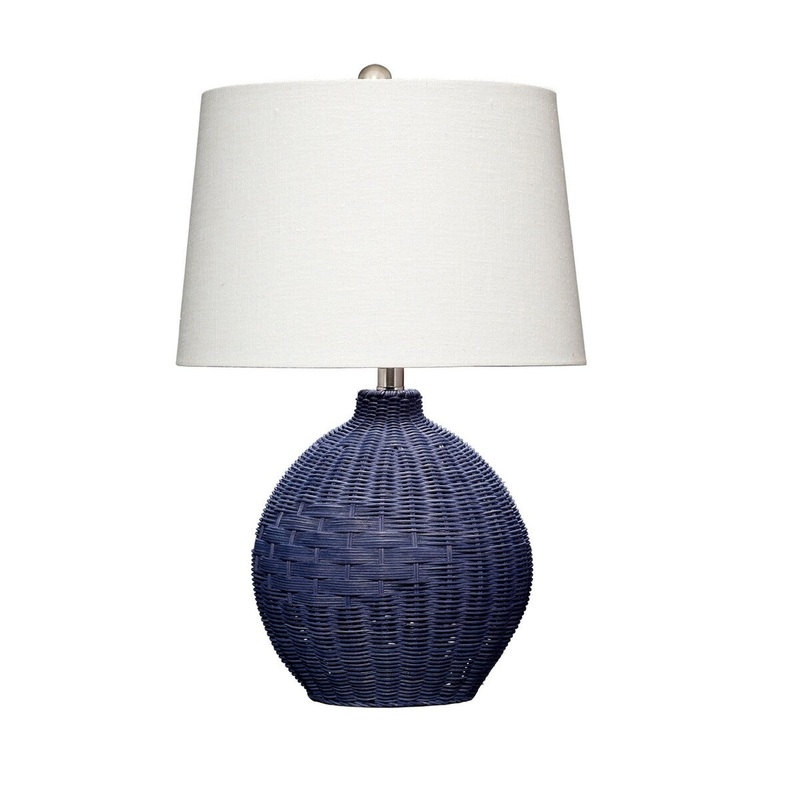 Cape 22 Inch Contemporary Table Lamp, Hand Woven Rattan, Linen Shade, Blue