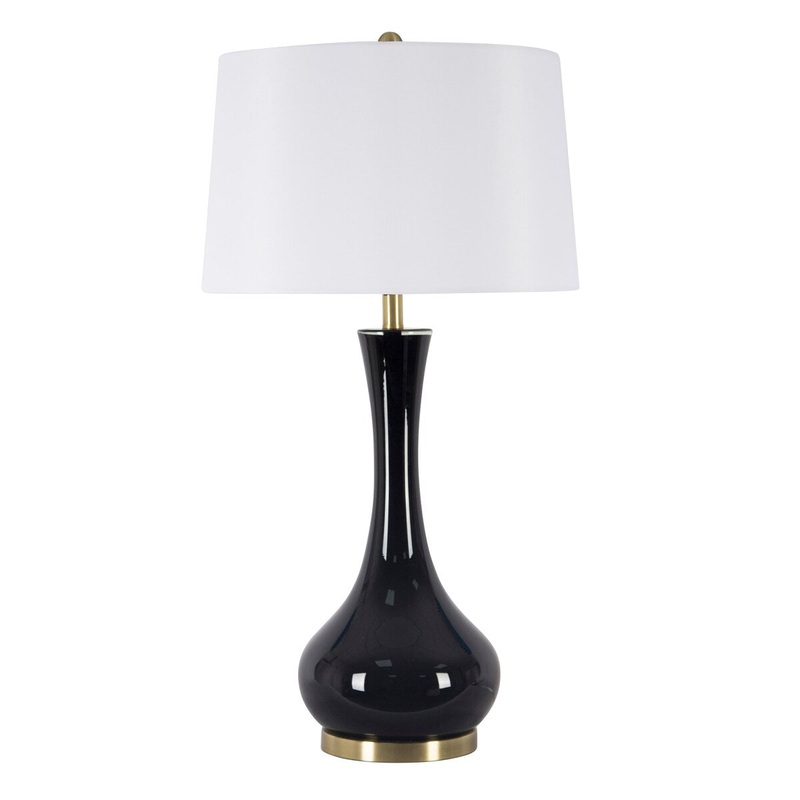 Conical Drum Shade Table Lamp with Elongated Bellied Glass Base, Black