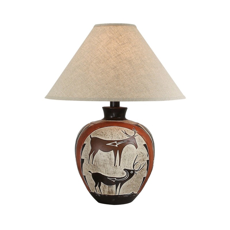 Siya 26 Inch Table Lamp, Urn Shaped Base, Deer Carvings, Oak Brown, White
