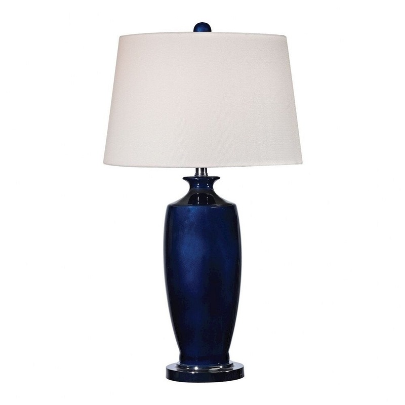 Black Nickel Navy Blue Table Lamp Made Of Glass And Metal With A White Linen Shade With A 3-Way - Black Nickel Navy Blue