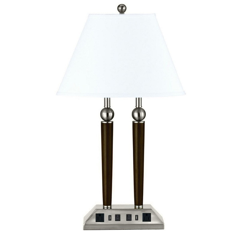 60W x 2 Metal Desk Lamp with Empire Shade and Power Strip, Gray and Brown