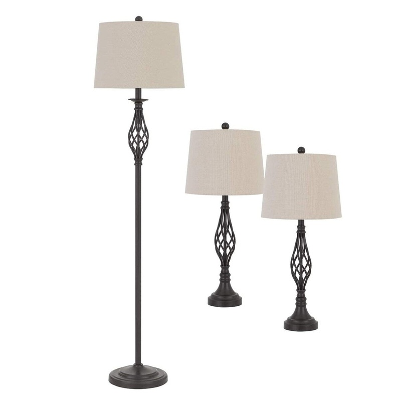 Twisted Cage Design Metal Floor Lamp with 2 Table Lamps, Bronze