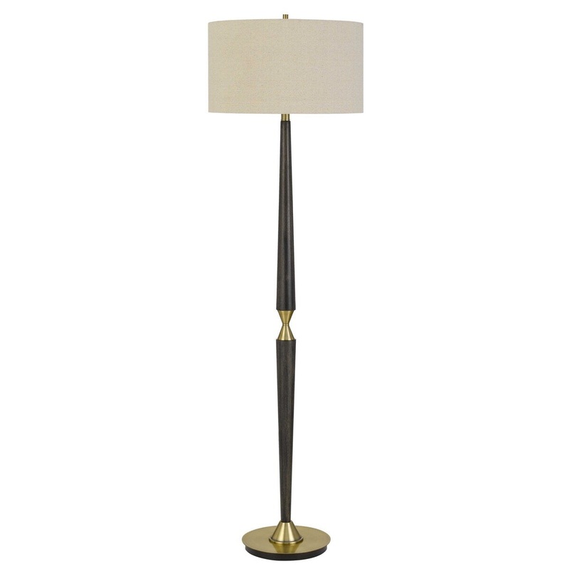 63" Fabric Drum Shade Floor Lamp, Sleek Wood and Metal Frame, Brown, Gold