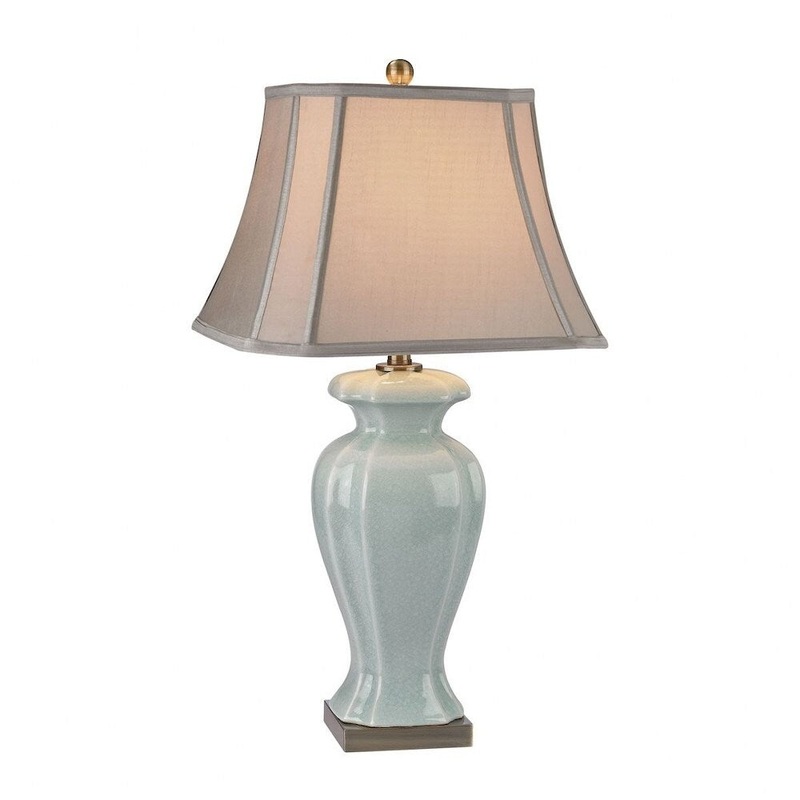 Brass Green Table Lamp Made Of Ceramic And Metal With A Cream Faux