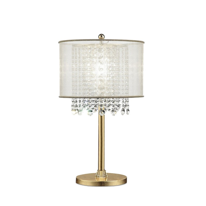 Table Lamp with Hanging Crystal Accents, White and Gold