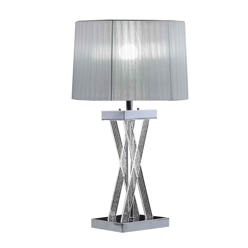 Acrylic Table Lamp with Fabric Shade and X Shape Support, Clear and Chrome