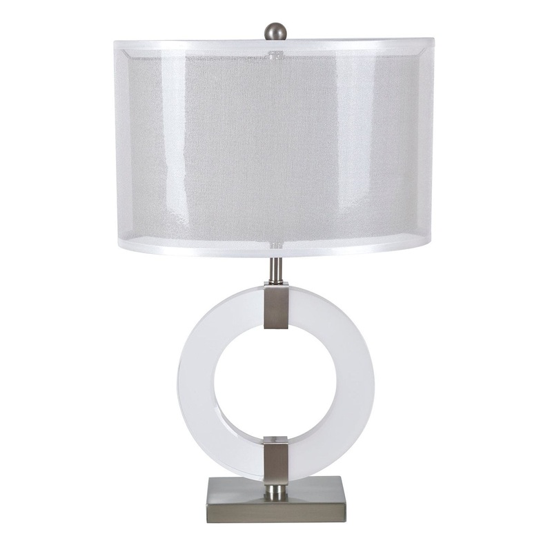 Astrid 3-Way Metal Table Lamp with Gray Linen Shade and Sheer Organza