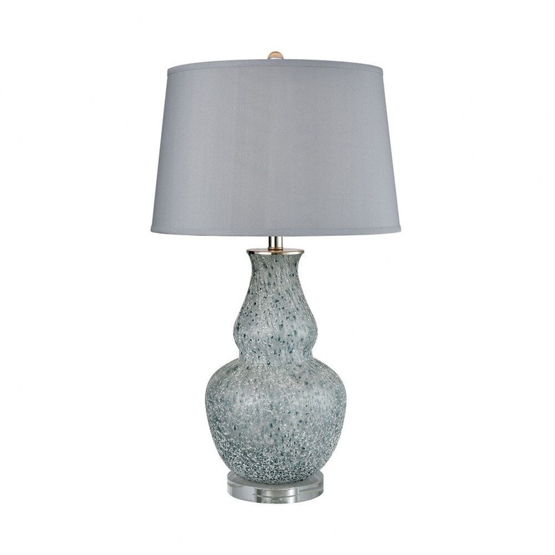 Blue Grey Frost Gourd Table Lamp Made Of Crystal And Glass With A Grey Faux Silk Fabric Shade With - Blue Grey Frost