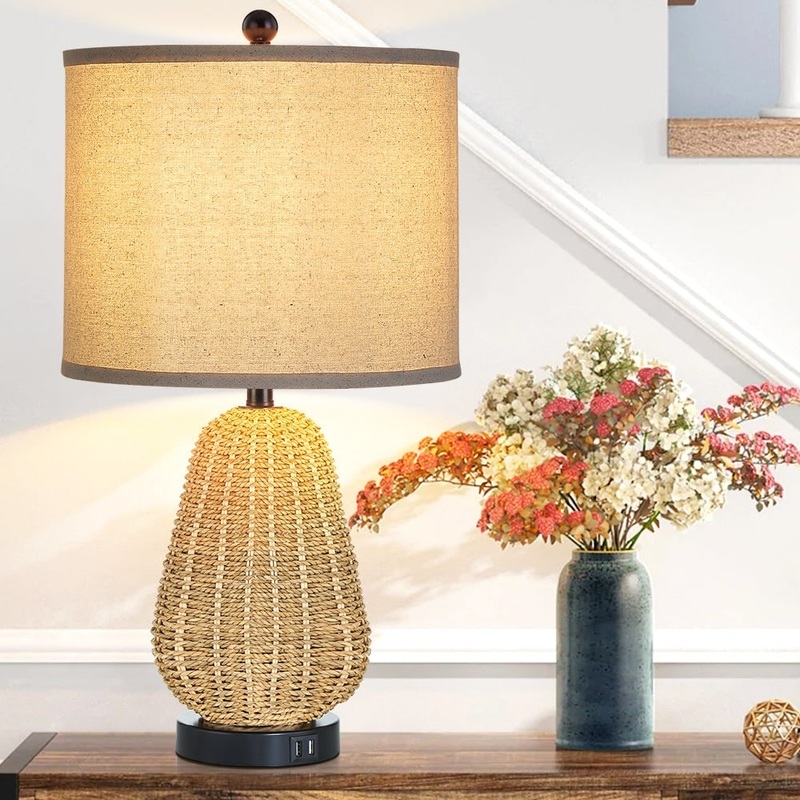 Brown Straw Woven Table Lamp with 3-way Touch Dimming Switch Dual USB Charging Ports - 12'' x 12'' x 22.8'' (L x W x H)