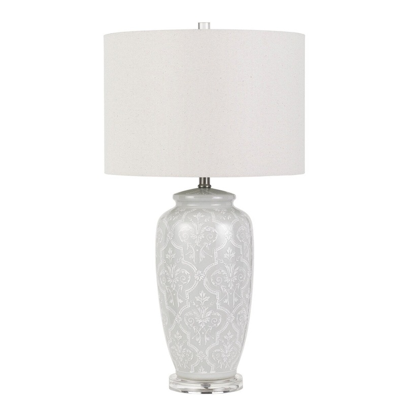 Ceramic Table Lamp with Floral prints and Fabric Drum Shade, White