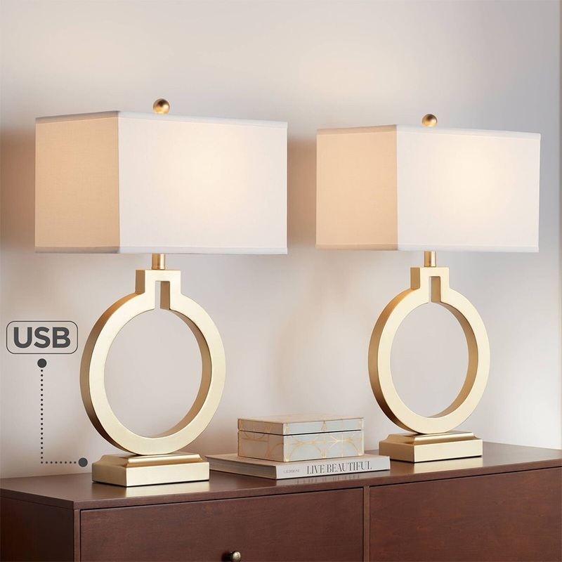 Set of 2 Modern Table Lamps with USB Port Gold Rectangular White - 16" x 28.5"