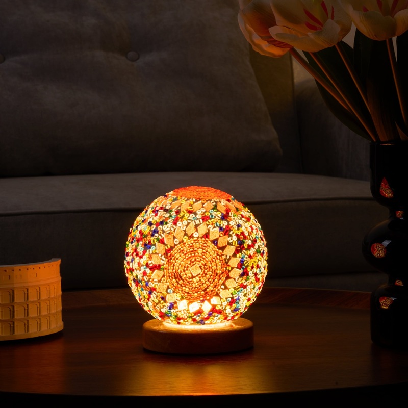 Turkish Mosaic Glass Lamps Night Light w/ Wooden Base