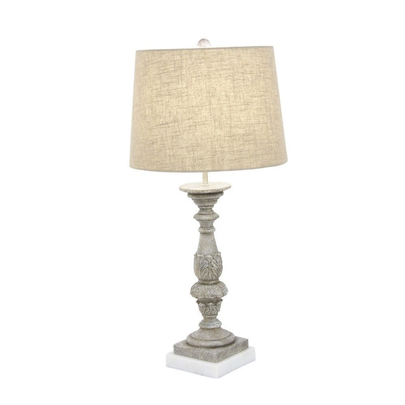 Benzara Beige Polystone Marble Elegantly Carved Table Lamp