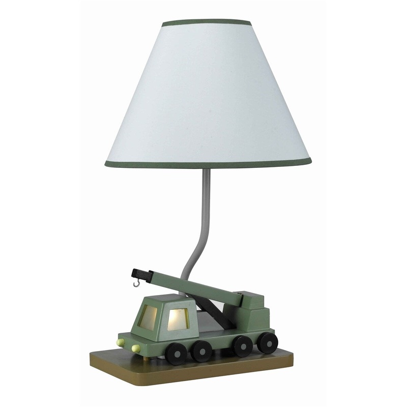 Boom Crane Design Resin Table Lamp with Fabric Shade, White and Green