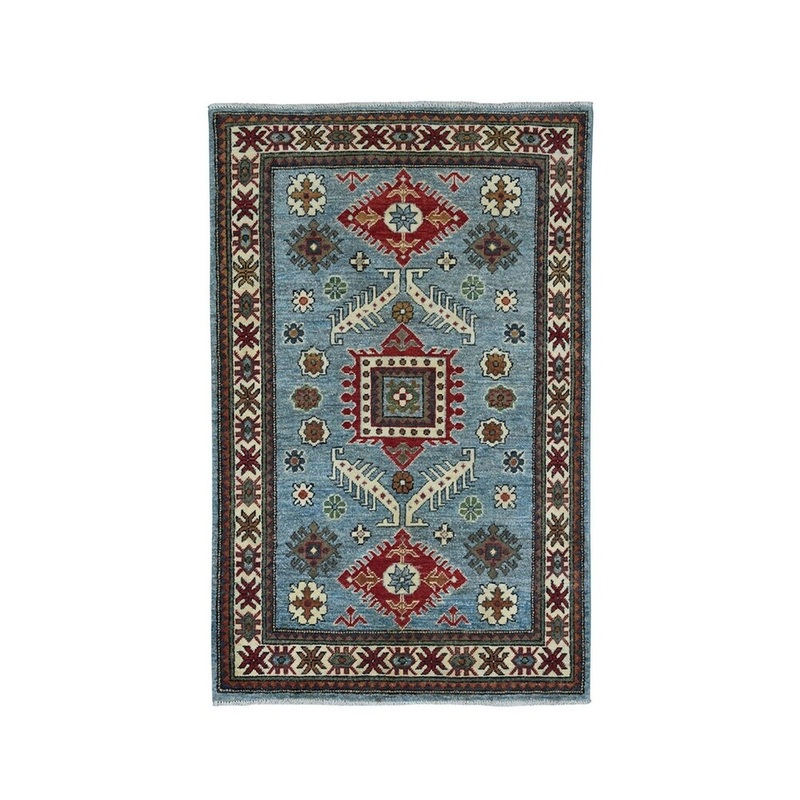 Shahbanu Rugs Blue Geometric Design Kazak Pure Wool Hand-Knotted Oriental Rug (3'1" x 4'10") - 3'1" x 4'10"