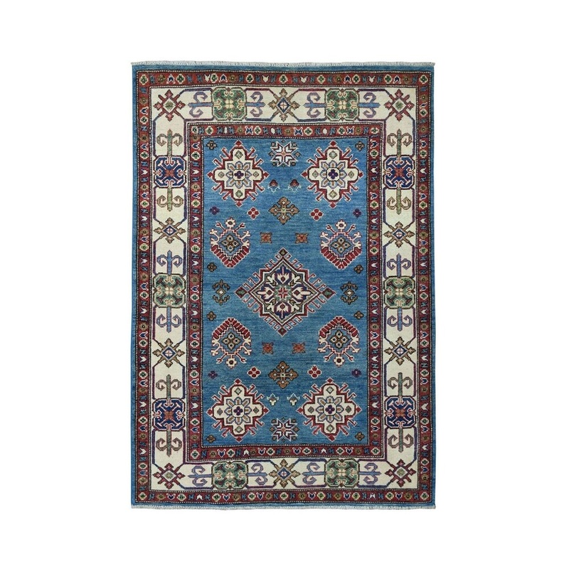 Shahbanu Rugs Blue Geometric Design Kazak Pure Wool Hand-Knotted Oriental Rug (4'0" x 5'9") - 4'0" x 5'9"