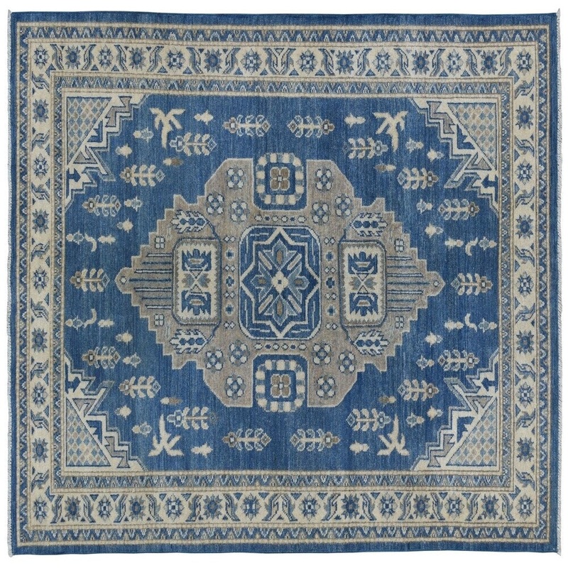 Shahbanu Rugs Blue Hand-Knotted Vintage Look Kazak Pure Wool Oriental Rug (4'2" x 5'9") - 4'2" x 5'9"