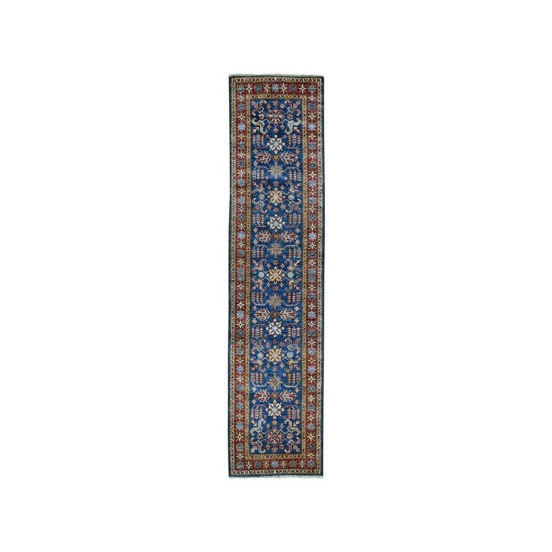 Shahbanu Rugs Blue Super Kazak Geometric Design Pure Wool Hand-Knotted Runner Rug (2'6" x 8'6") - 2'6" x 8'6"