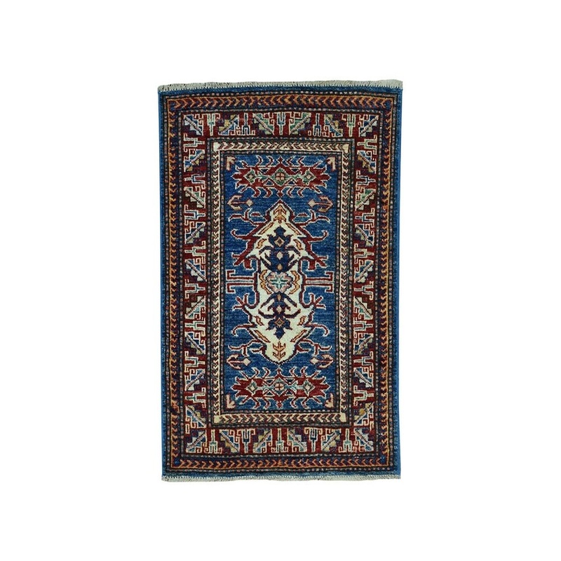 Shahbanu Rugs Blue Super Kazak Pure Wool Geometric Design Hand-Knotted Oriental Rug (2'0" x 2'10") - 2'0" x 2'10"