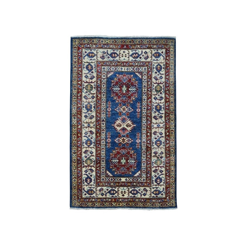 Shahbanu Rugs Blue Super Kazak Pure Wool Geometric Design Hand-Knotted Oriental Rug (2'9" x 4'0") - 2'9" x 4'0"