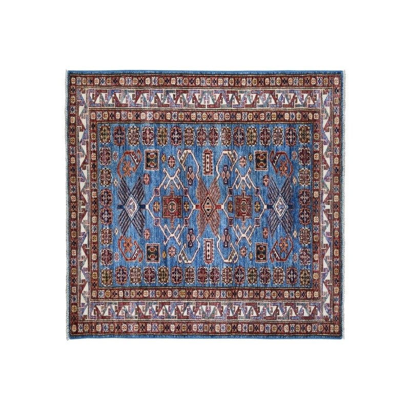 Shahbanu Rugs Blue Super Kazak Pure Wool Geometric Design Hand-Knotted Oriental Rug (3'4" x 4'11") - 3'4" x 4'11"