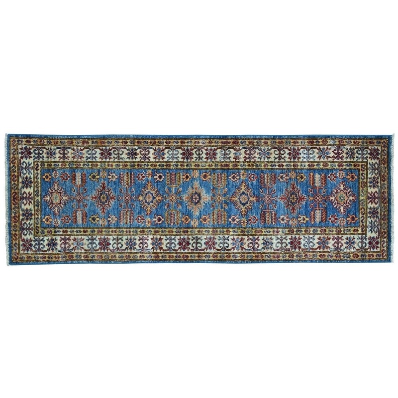 Shahbanu Rugs Blue Super Kazak Pure Wool Geometric Design Handmade Runner Rug (1'10" x 5'9") - 1'10" x 5'9"