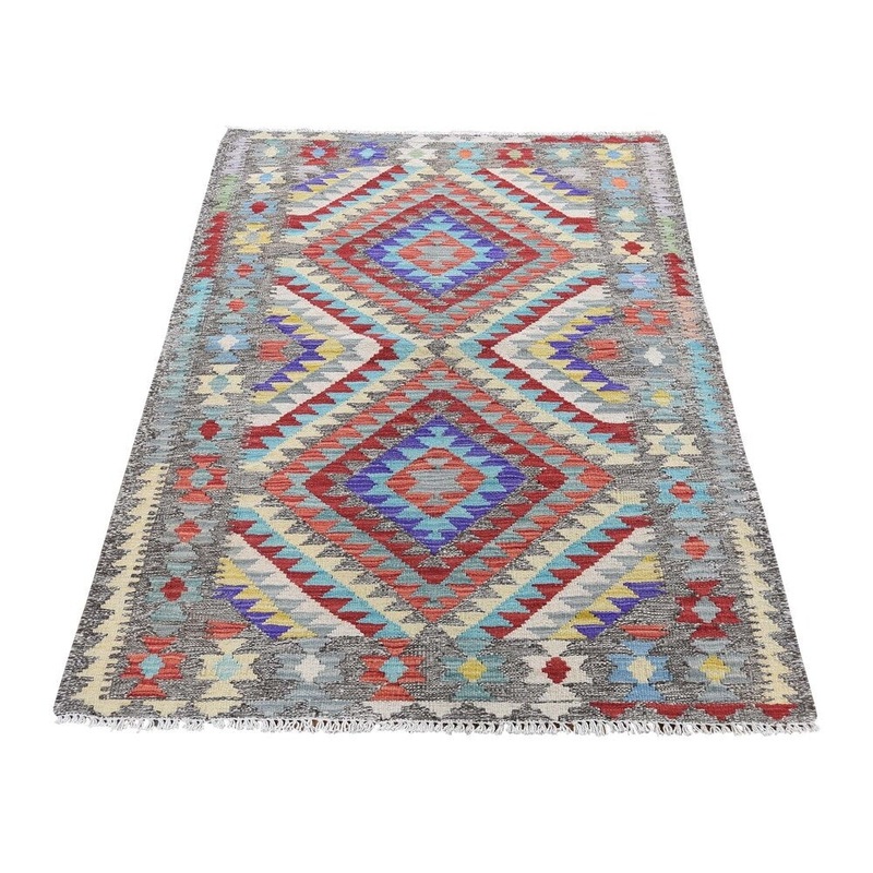 Shahbanu Rugs Colorful Afghan Kilim Veg Dyes Hand Woven Pure Wool Oriental Rug (3'2" x 4'10") - 3'2" x 4'10"