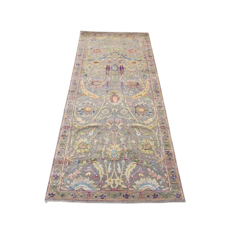 Shahbanu Rugs Hand-Knotted Pure Silk with Oxidized Wool Sickle Leaf Design Runner (2'6" x 6'0") - 2'6" x 6'0"