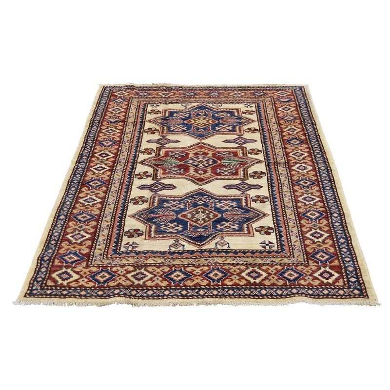 Shahbanu Rugs Hand-Knotted Pure Wool Ivory Super Kazak Oriental Rug (3'4" x 4'10") - 3'4" x 4'10"