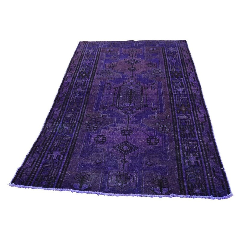 Shahbanu Rugs Hand Knotted Vintage Overdyed Persian Hamadan Fragment Wide Runner Rug (3'7" x 7'0") - 3'7" x 7'0"