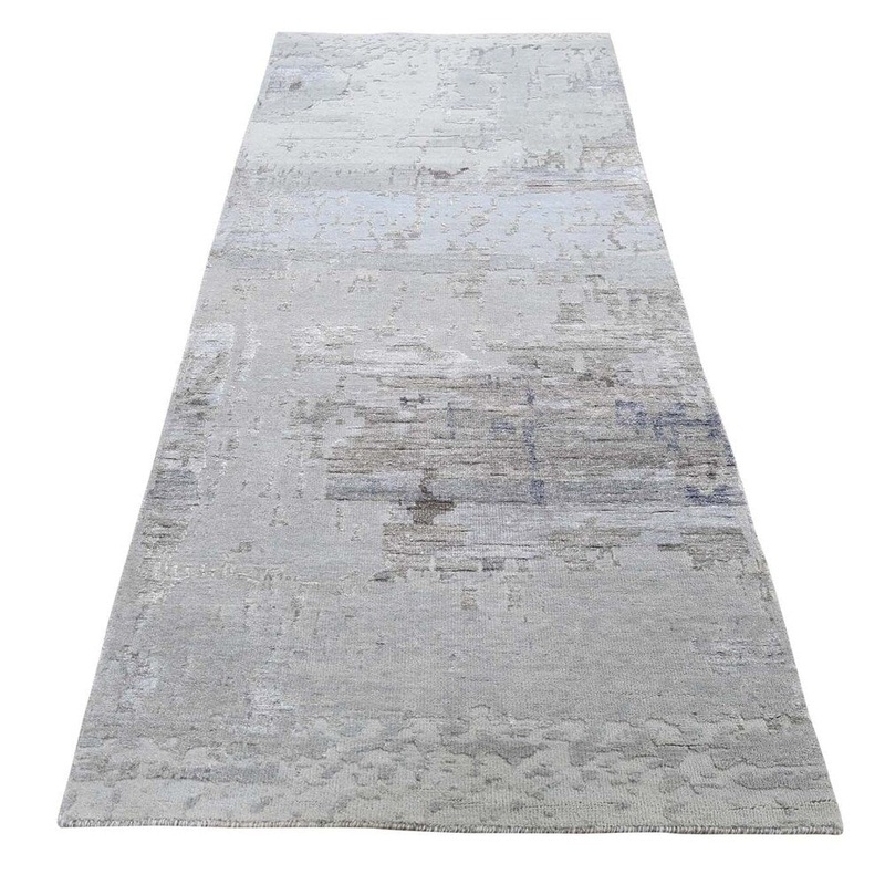 Shahbanu Rugs Hi-Low Pile Abstract Design Wool And Silk Runner Hand-Knotted Rug (2'9" x 8'2") - 2'9" x 8'2"