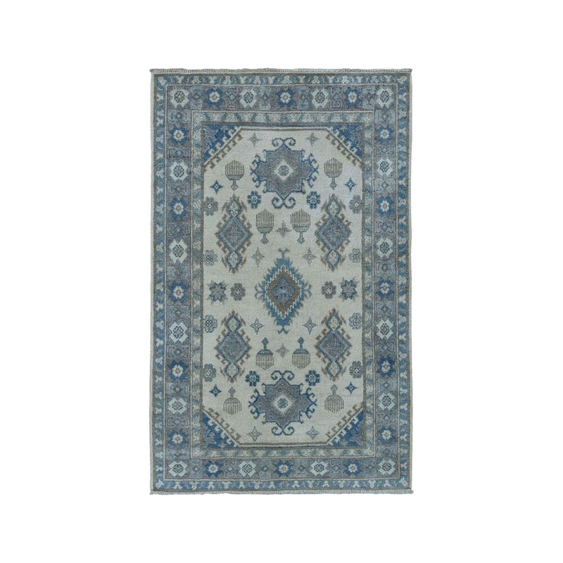 Shahbanu Rugs Ivory Hand-Knotted Vintage Look Kazak Pure Wool Oriental Rug (3'3" x 5'0") - 3'3" x 5'0"
