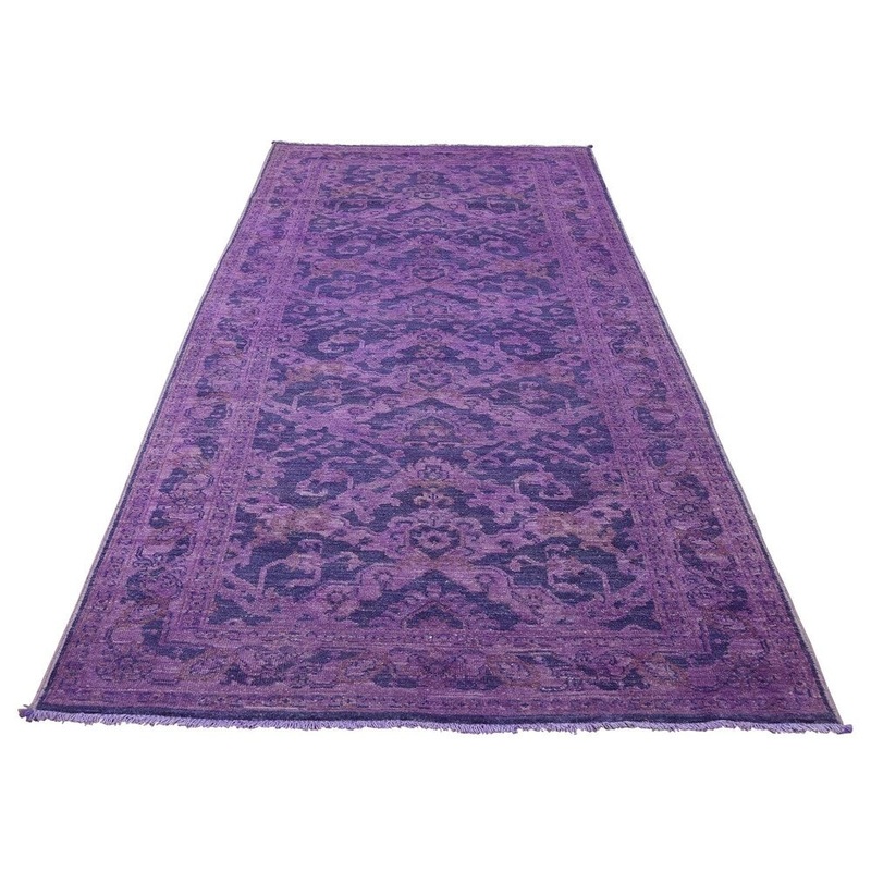 Shahbanu Rugs Overdyed Peshawar Purple Wide Runner Hand-Knotted Oriental Rug (4'0" x 10'2") - 4'0" x 10'2"