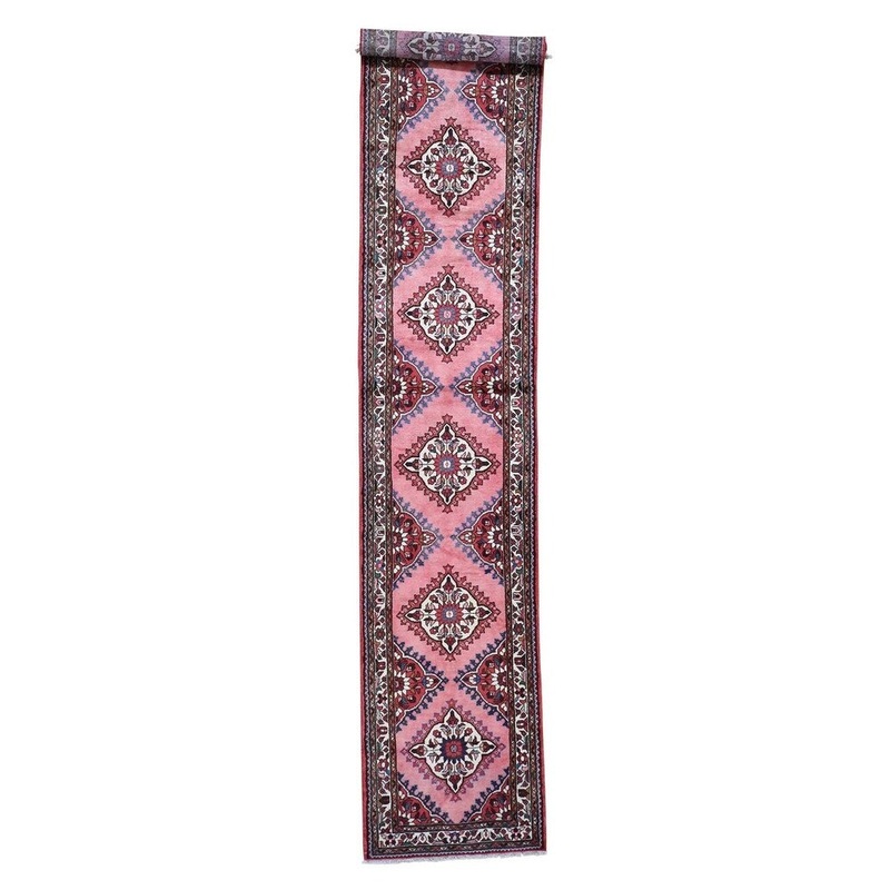 Shahbanu Rugs Pink New Pure Wool Runner Hand-Knotted Oriental Rug (2'5" x 12'6") - 2'5" x 12'6"