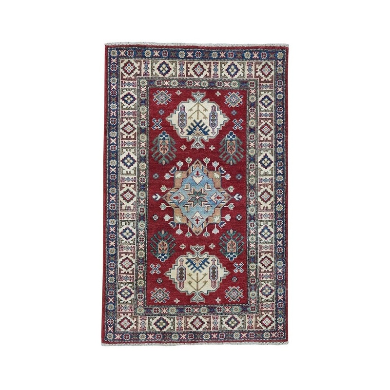 Shahbanu Rugs Red Geometric Design Kazak Pure Wool Hand-Knotted Oriental Rug (3'2" x 4'6") - 3'2" x 4'6"