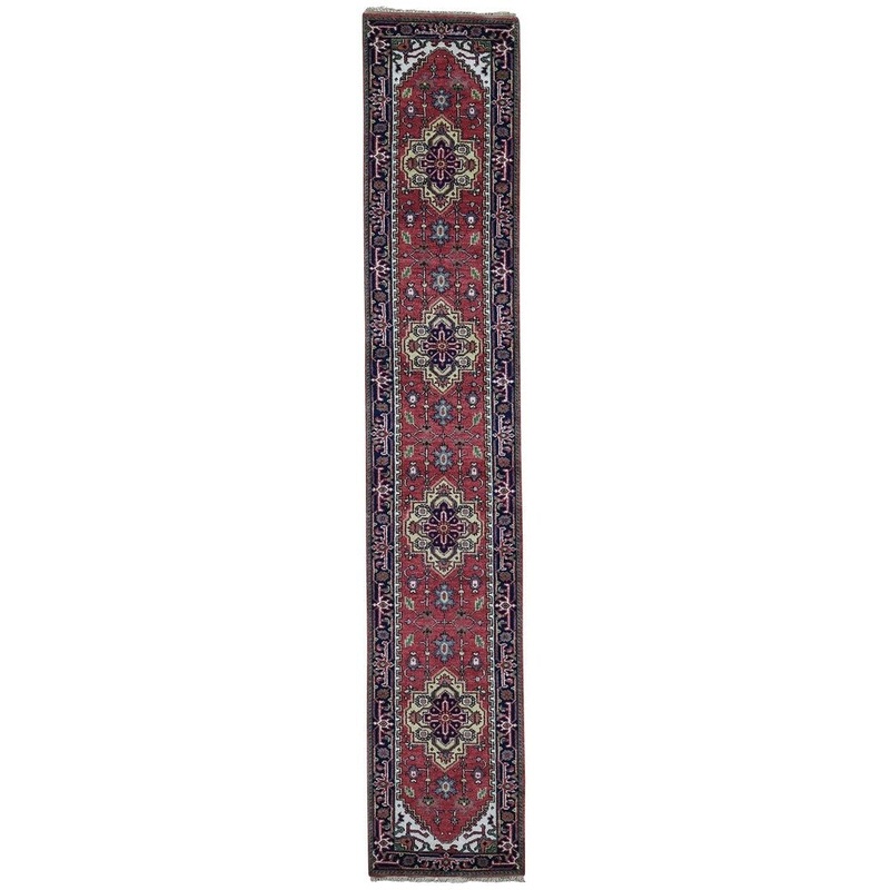 Shahbanu Rugs Red Serapi Heriz Geometric Runner Pure Wool Hand-Knotted Oriental Rug (2'7" x 14'0") - 2'7" x 14'0"