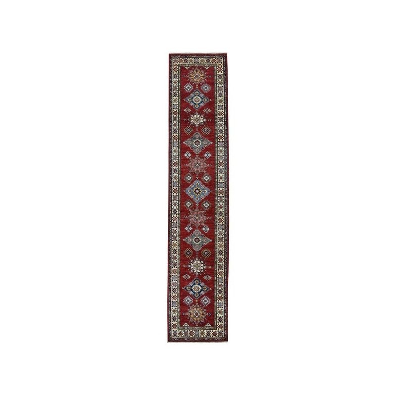 Shahbanu Rugs Red Super Kazak Pure Wool Geometric Hand-Knotted Runner Oriental Rug (2'9" x 10'9") - 2'9" x 10'9"